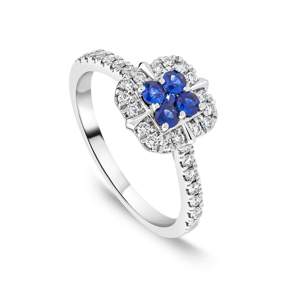 Platinum Four Sapphire Centre & 0.32ct Diamond Square Cluster Ring image number 0