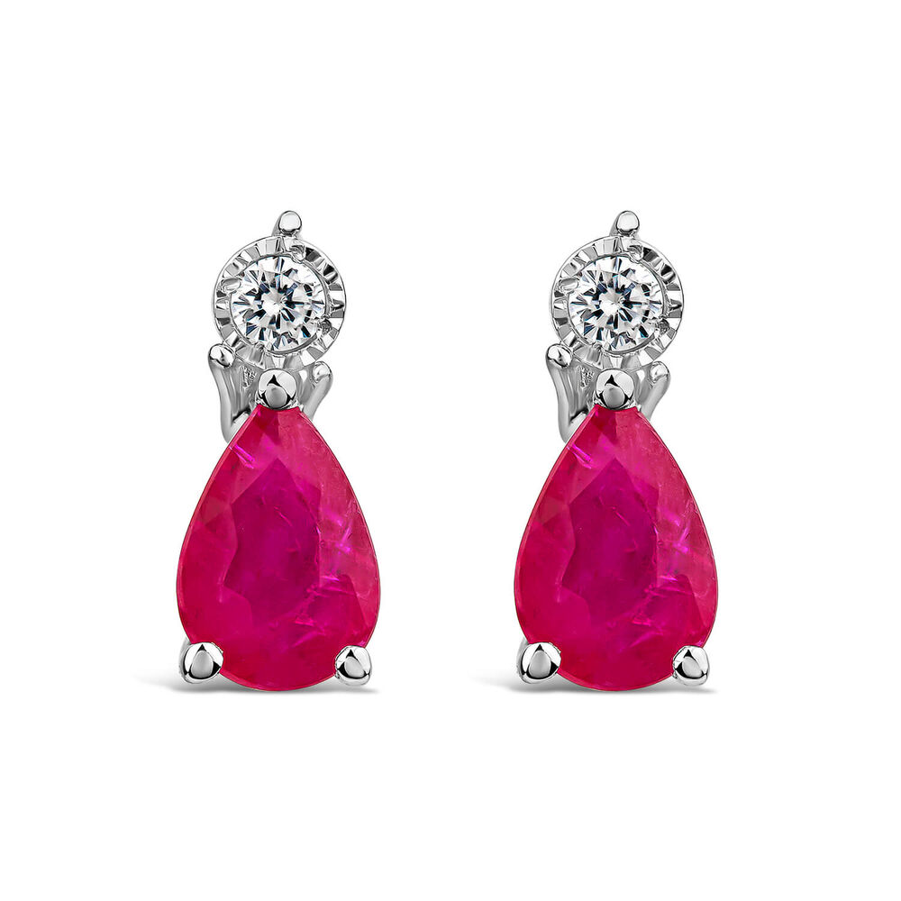 9ct White Gold Pear Ruby & Diamond Top Drop Earrings