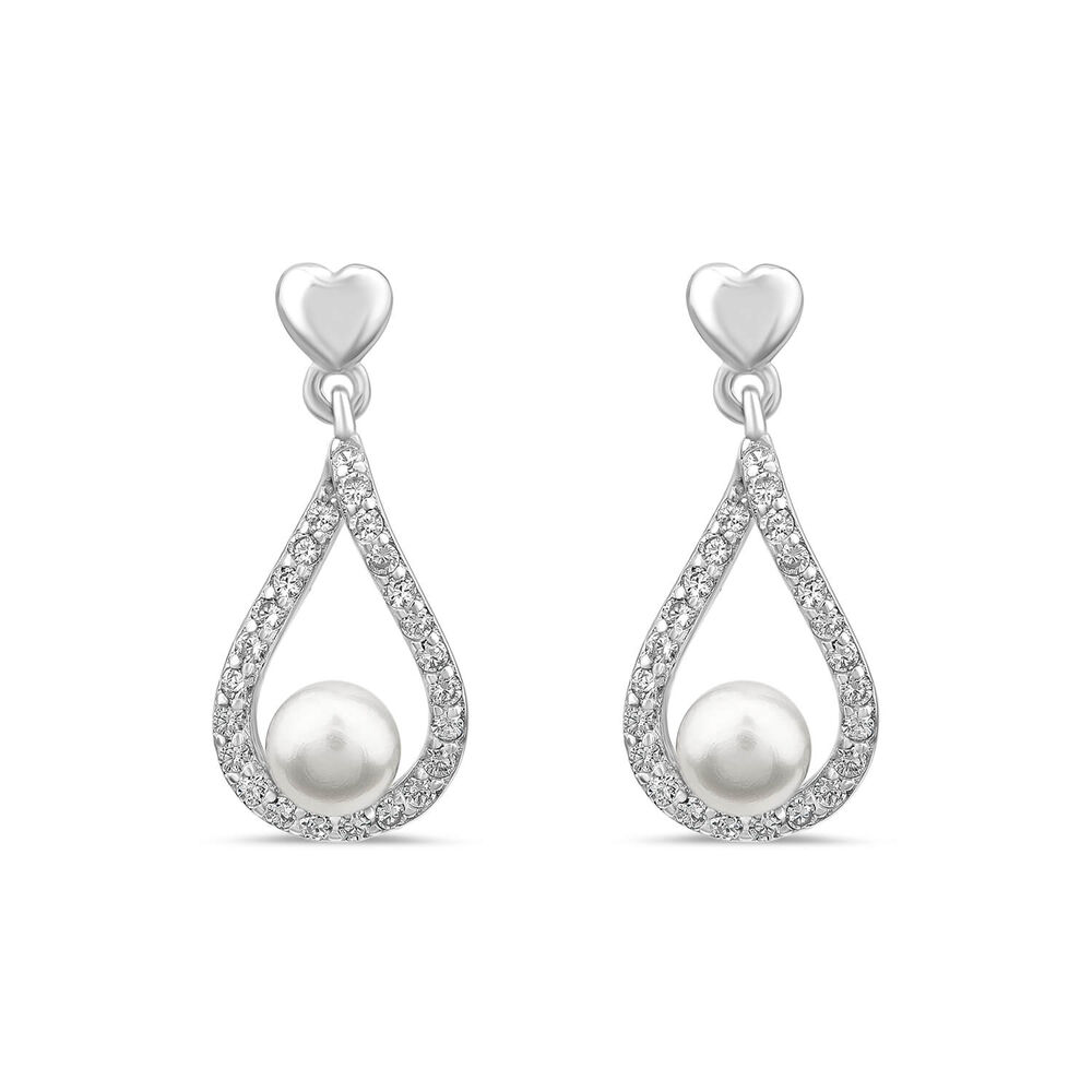 Sterling Silver 4.5-5mm Freshwater Pearl & Cubic Zirconia Open Tear Shaped Drop Earrings image number 0