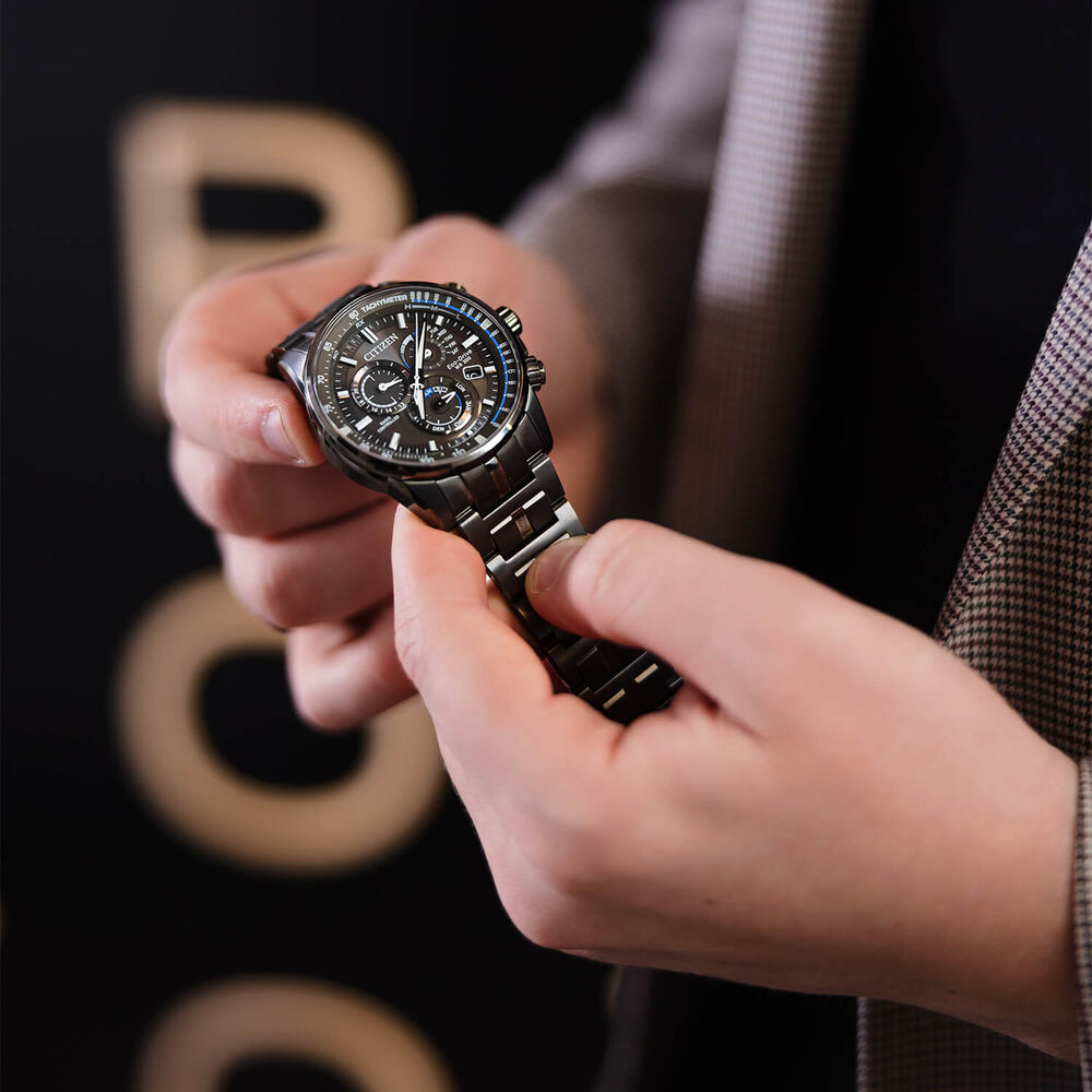 Citizen PCAT Eco Drive Worldtime Grey & Blue Chronograph Charcoal Bracelet Watch image number 4