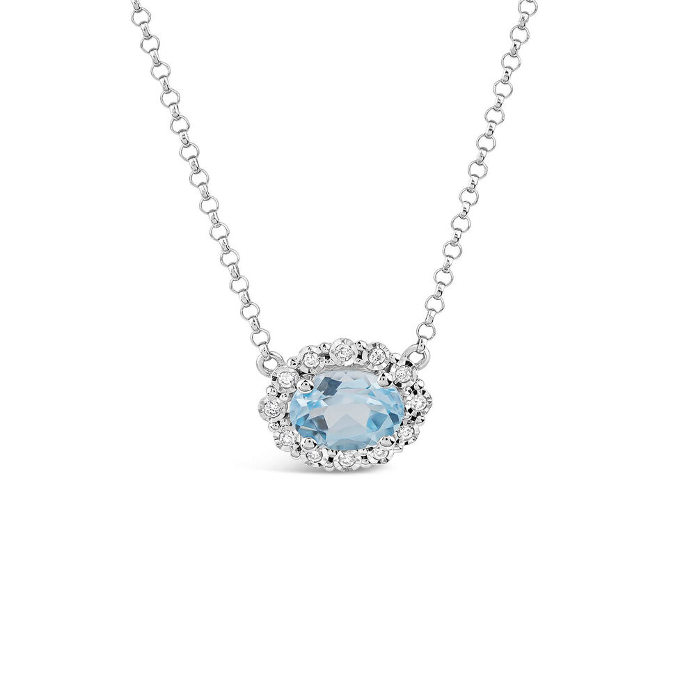 9ct White Gold Oval Blue Topaz 0.05ct Diamond Halo Necklet