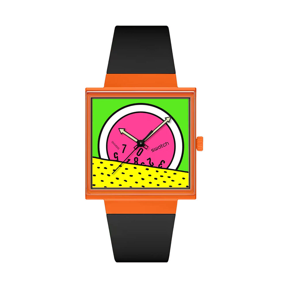 Swatch Break Time 41.8mm Square Multi Colour Dial Black Silicone Strap Watch image number 0