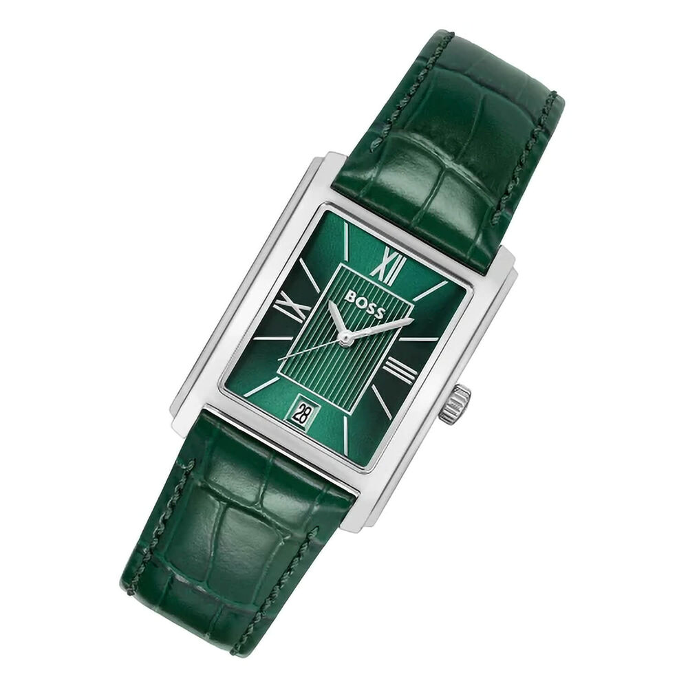 BOSS Principle Dress 28mm Rectangular Green Dial Green Leather Strap Watch image number 1