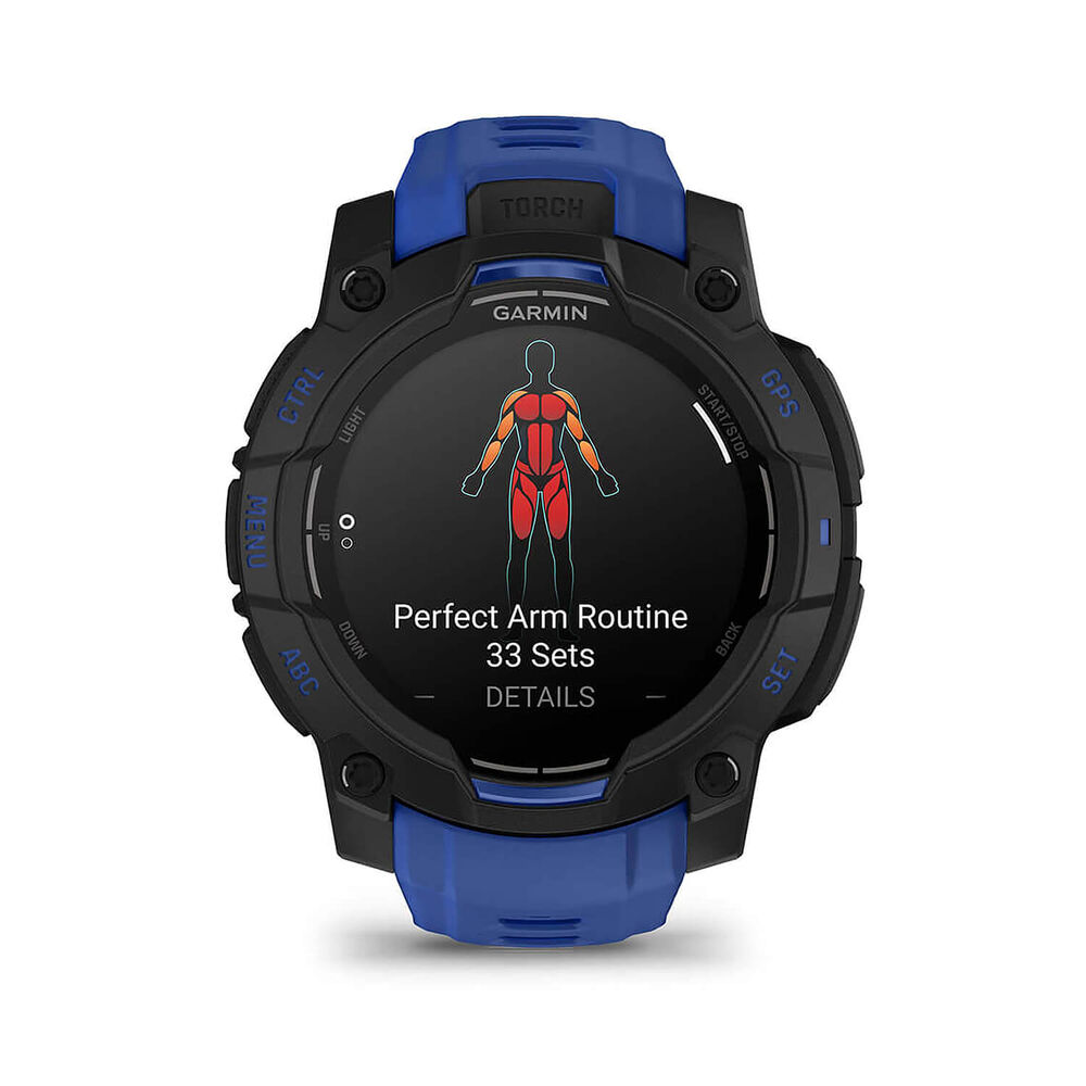 Garmin Instinct 3 45mm AMOLED Black Bezel Bolt Blue & Black Silicone Strap Watch image number 1