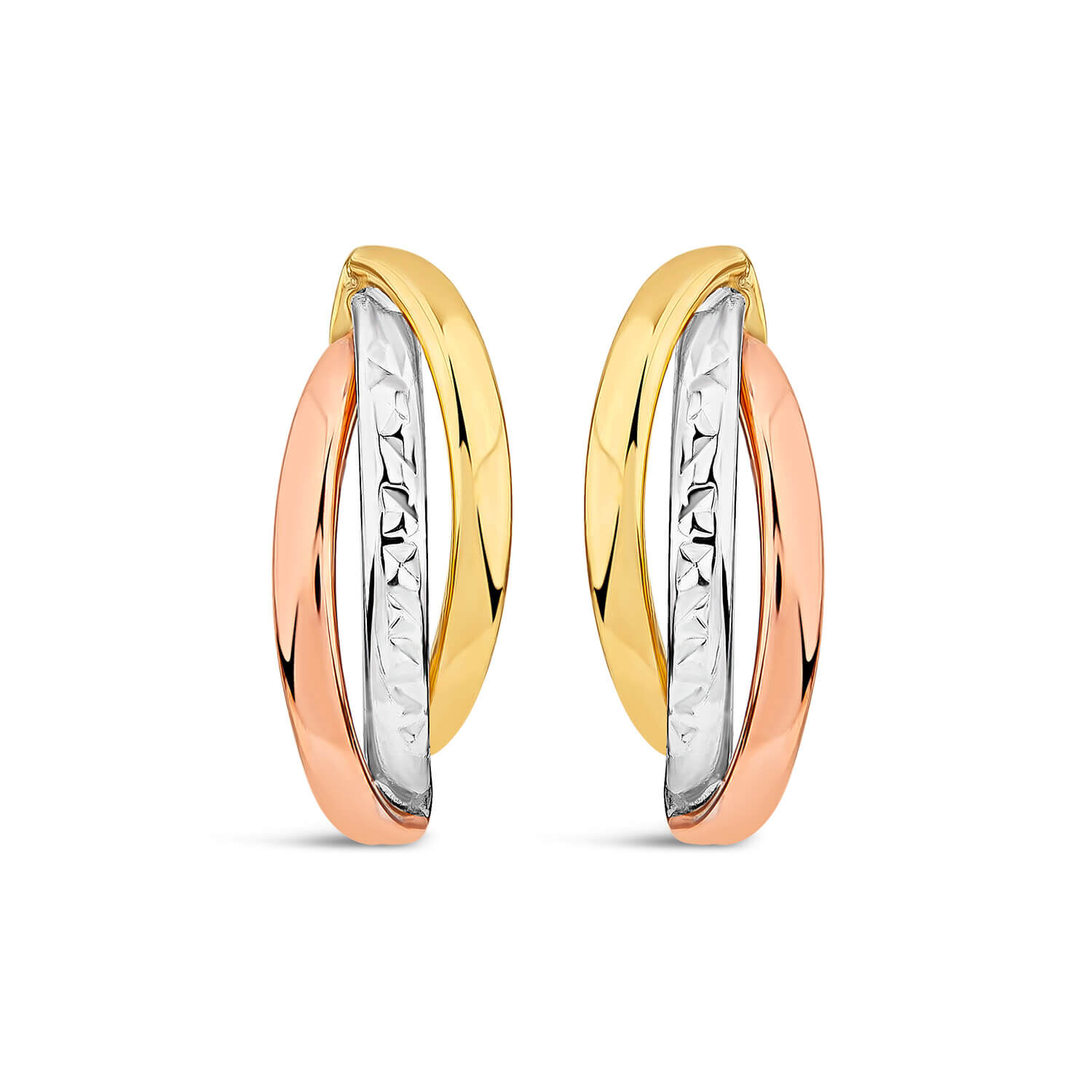 9ct Three Colour Gold Diamond Cut Centre Curve Stud Earrings