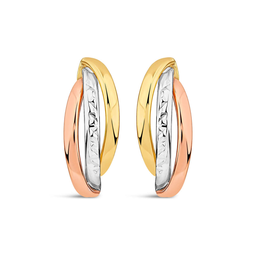 9ct Three Colour Gold Diamond Cut Centre Curve Stud Earrings image number 0