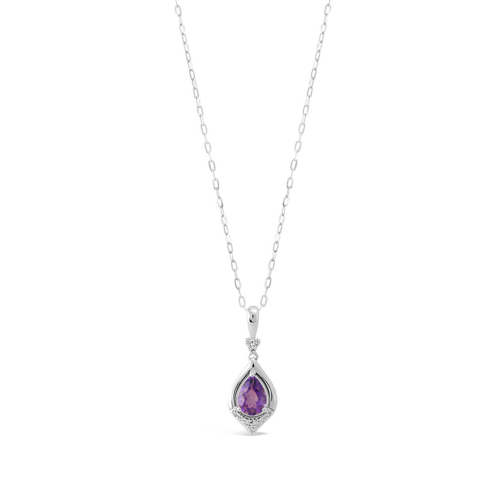 9ct White Gold Amethyst and Diamond Drop Pendant image number 0