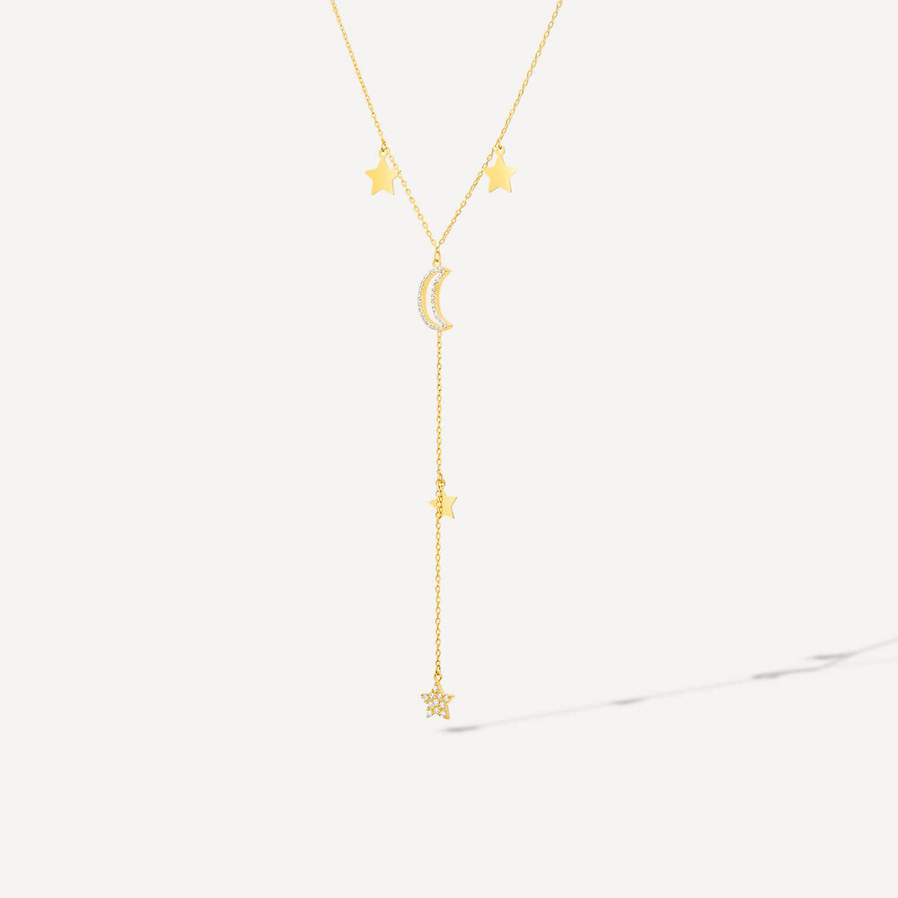 9ct Yellow Gold Moon & Stars Polished & Cubic Zirconia Y-Shaped Drop Necklet image number 1