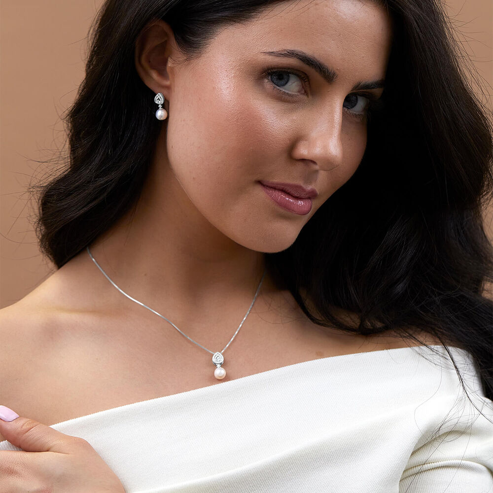 Sterling Silver Cubic Zirconia Double Halo Pear & Pearl Drop Pendant image number 3