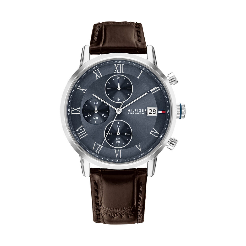 Tommy Hilfiger 42mm Navy Blue Dial Dark Brown Leather Strap Watch
