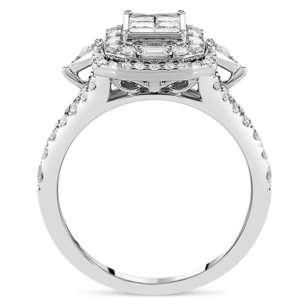 18ct White Gold Rectangular Princess & Baguette Halo Shoulders Ring