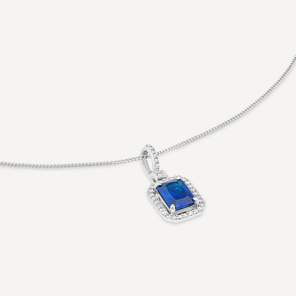 9ct White Gold Rectangular Created Tanzanite & Diamond Cluster Bale Pendant image number 3