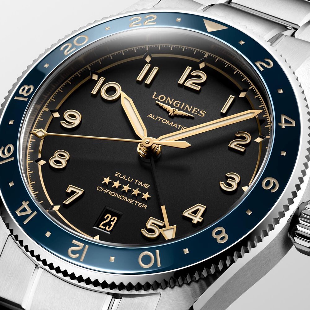 Longines Spirit Zulu Time 39mm Black Dial Blue Bezel Steel Bracelet Watch image number 3