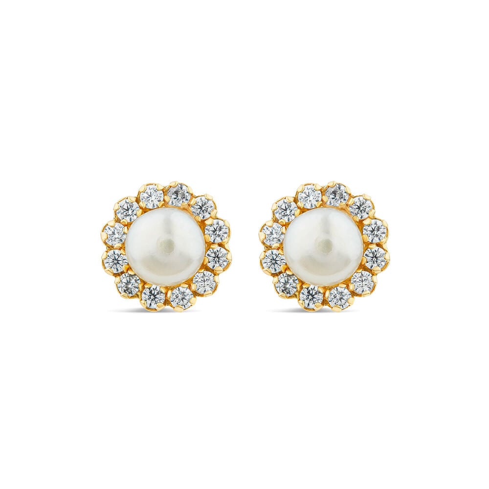 9ct Yellow Gold Tiny Pearl & Cubic Zirconia Surrounded Stud Earrings image number 0