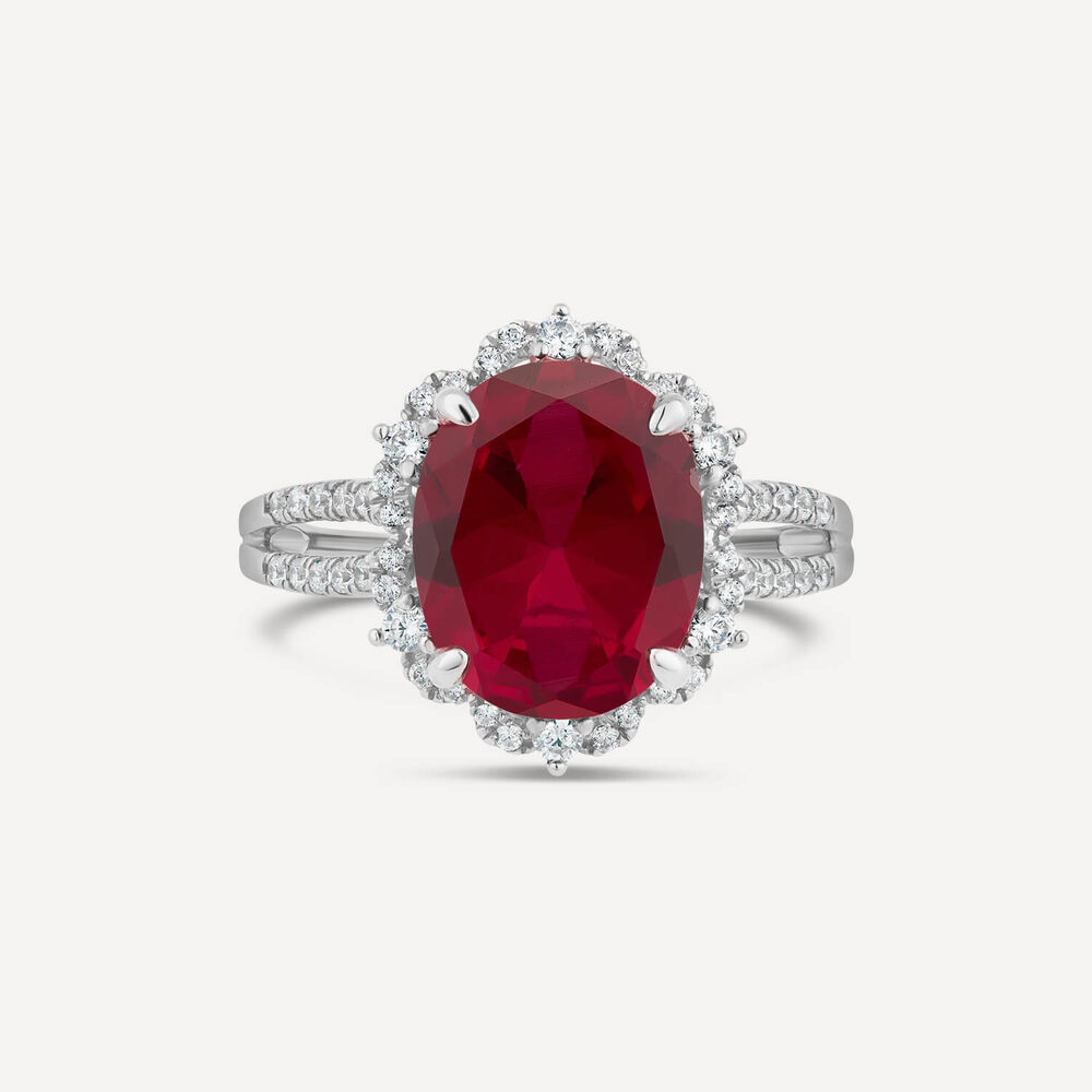 9ct White Gold Large Oval Ruby with 0.29ct Diamond Surrounding Split Ring