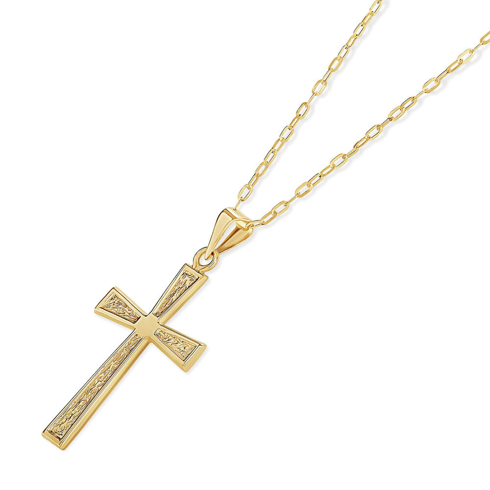 9ct Yellow Gold Patterned Cross Ladies Pendant (Chain Included)