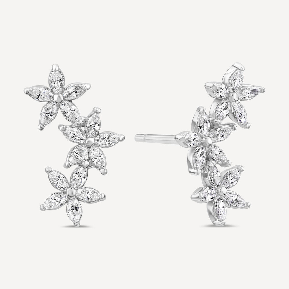 Sterling Silver Cubic Zirconia Flower Climber Stud Earrings image number 1