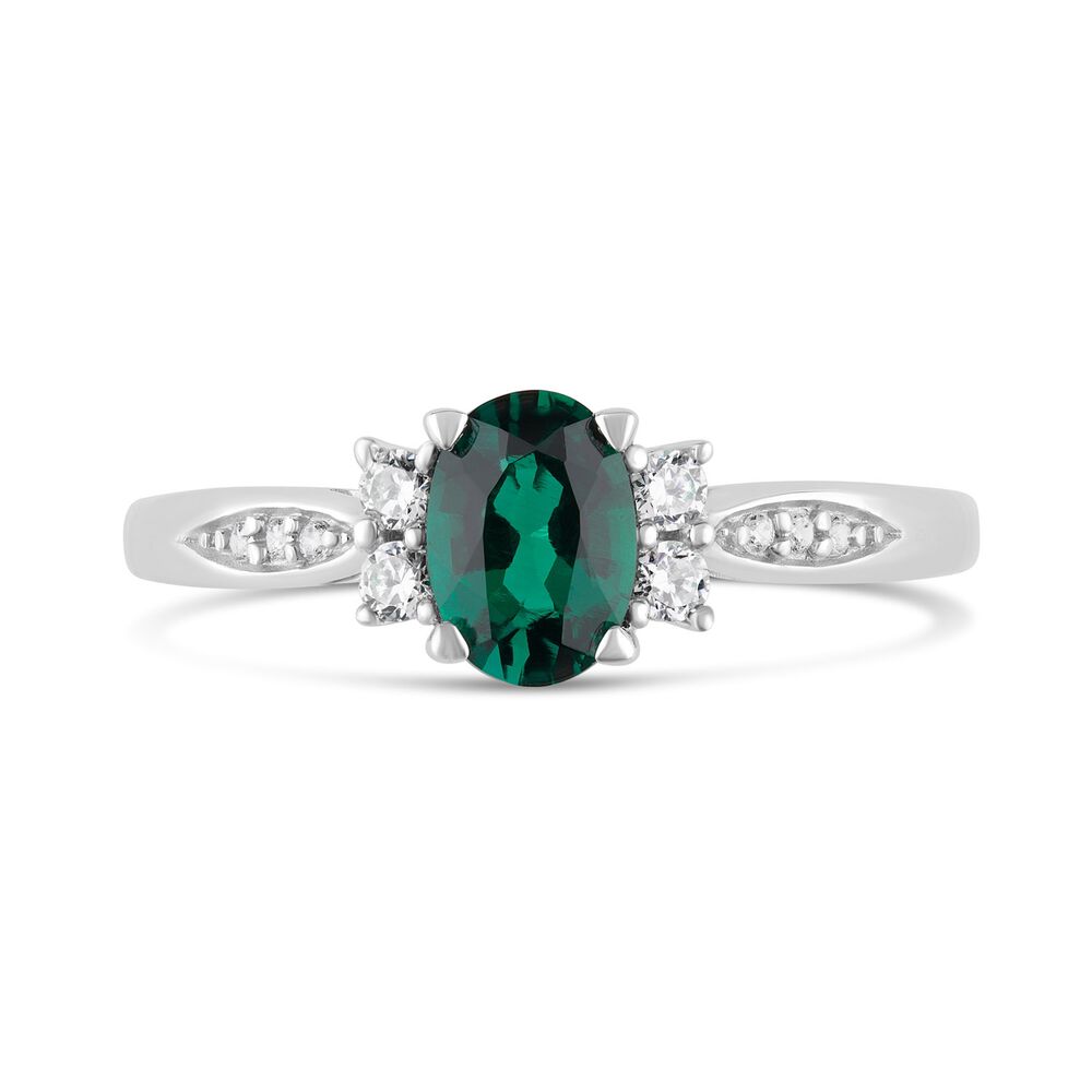 9ct White Gold Created Emerald & Cubic Zirconia Sides Ring