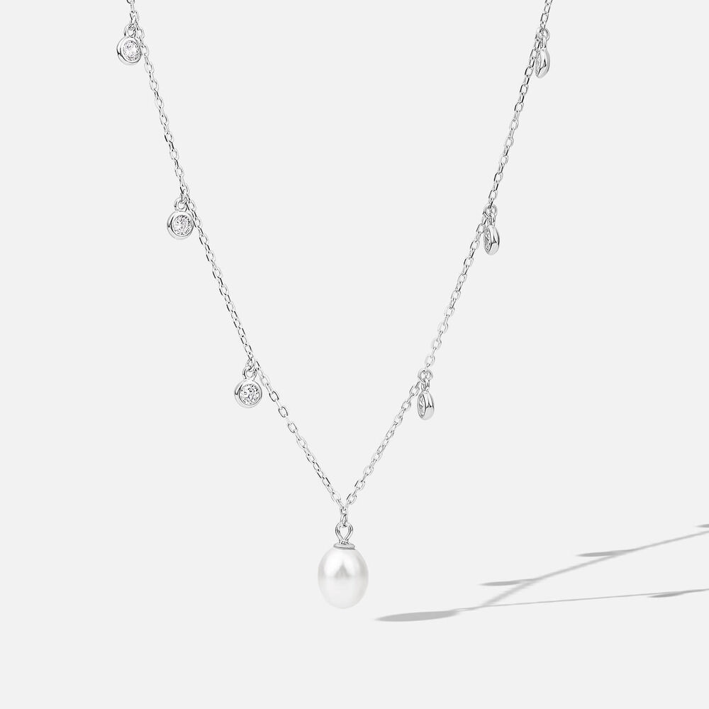 Sterling Silver Freshwater Pearl & Cubic Zirconia Droplets Necklet