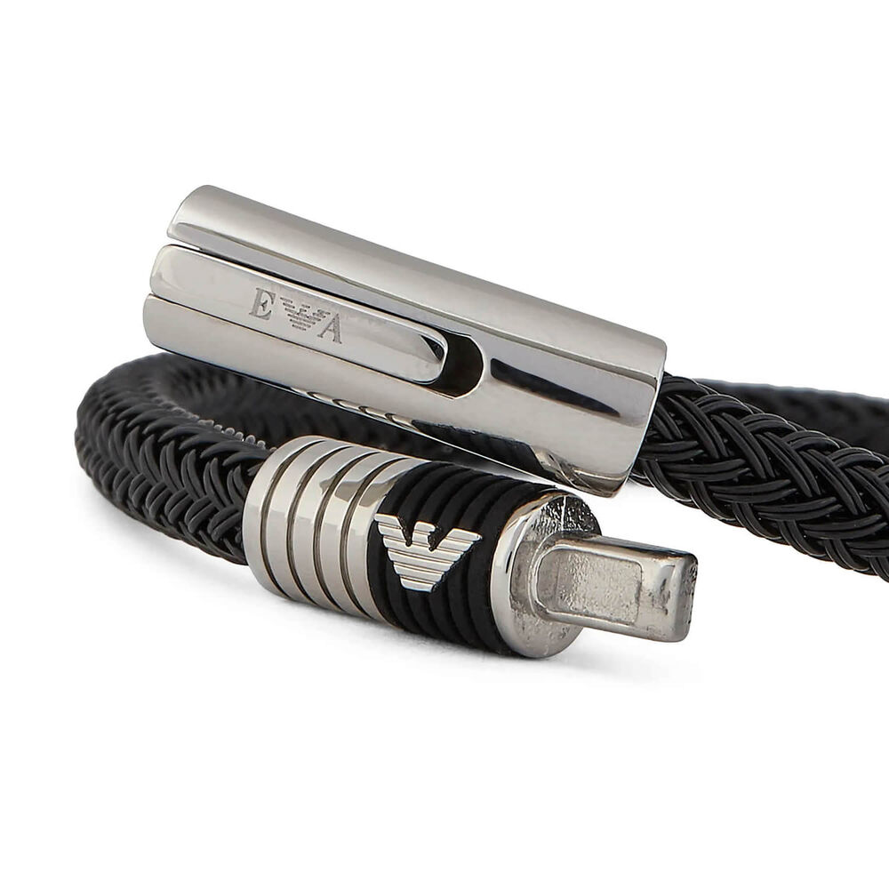 Emporio Armani Black Leather & Stainless Steel Bracelet image number 2