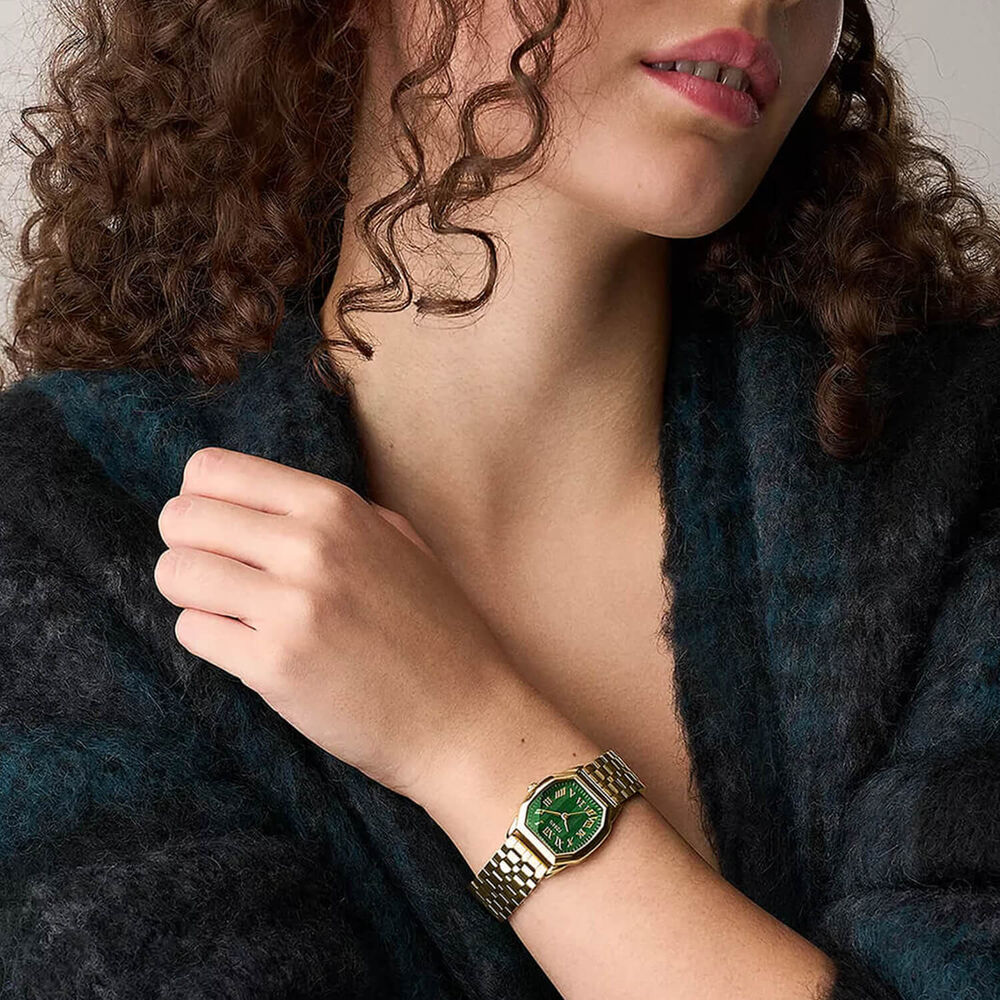 Fossil Harlow 32x27mm Green Dial Gold Tone Stainless Steel Bracelet Watch image number 4