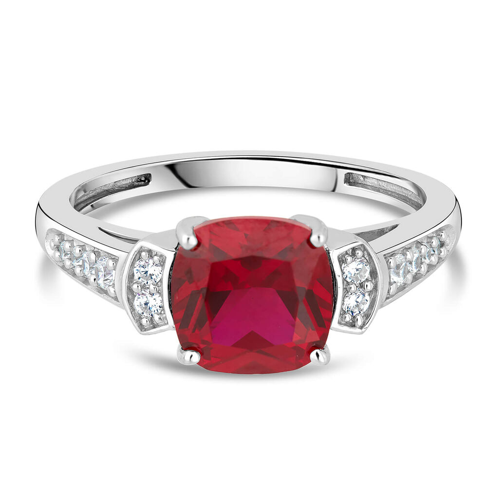 9ct White Gold Cushion Simple Ruby With Cubic Zirconia Shoulders And Sides Ladies Ring image number 4