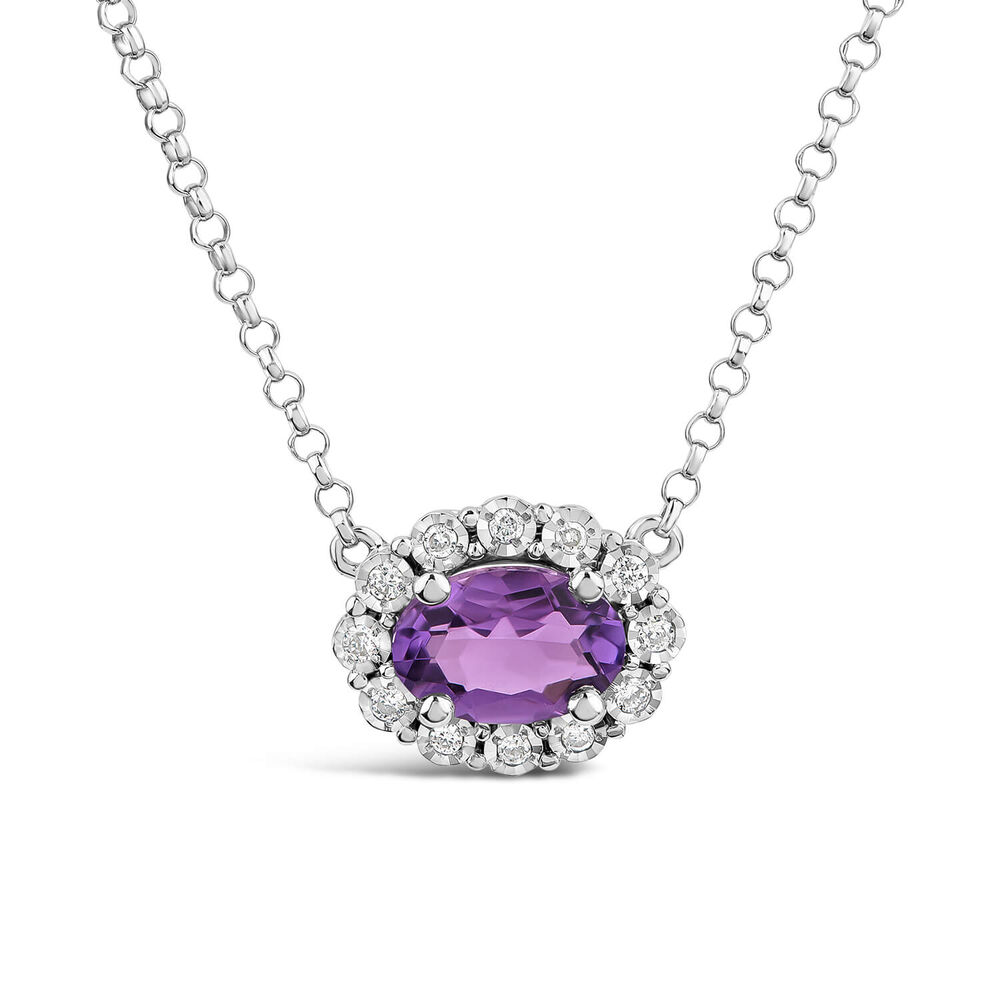 9ct White Gold Oval Amethyst 0.05ct Diamond Cluster Necklet image number 0