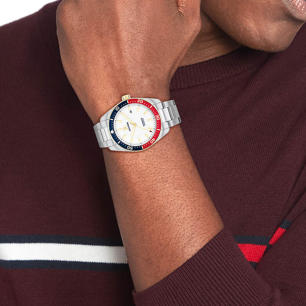 Tommy Hilfiger 40mm White Dial Red & Blue Bezel Steel Bracelet Watch image number 4