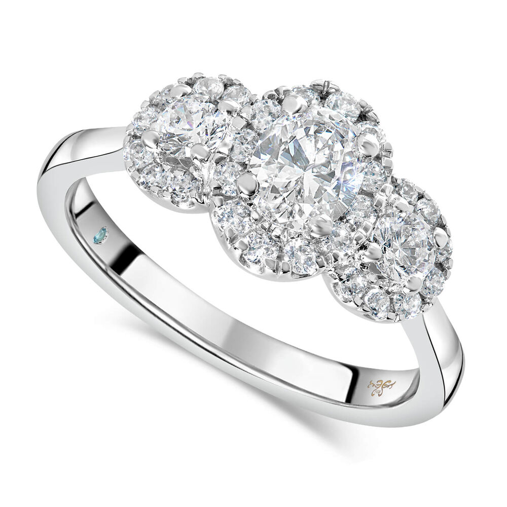 Kathy De Stafford 18ct White Gold ''Ivy'' 3 Stone Oval Centre Halo 0.85ct Ring image number 0