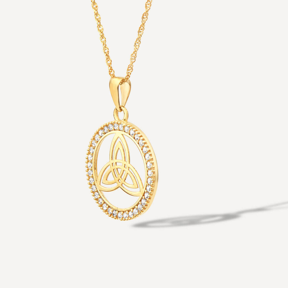 9ct Yellow Gold Trinity Knot in Cubic Zirconia Circle Pendant image number 1