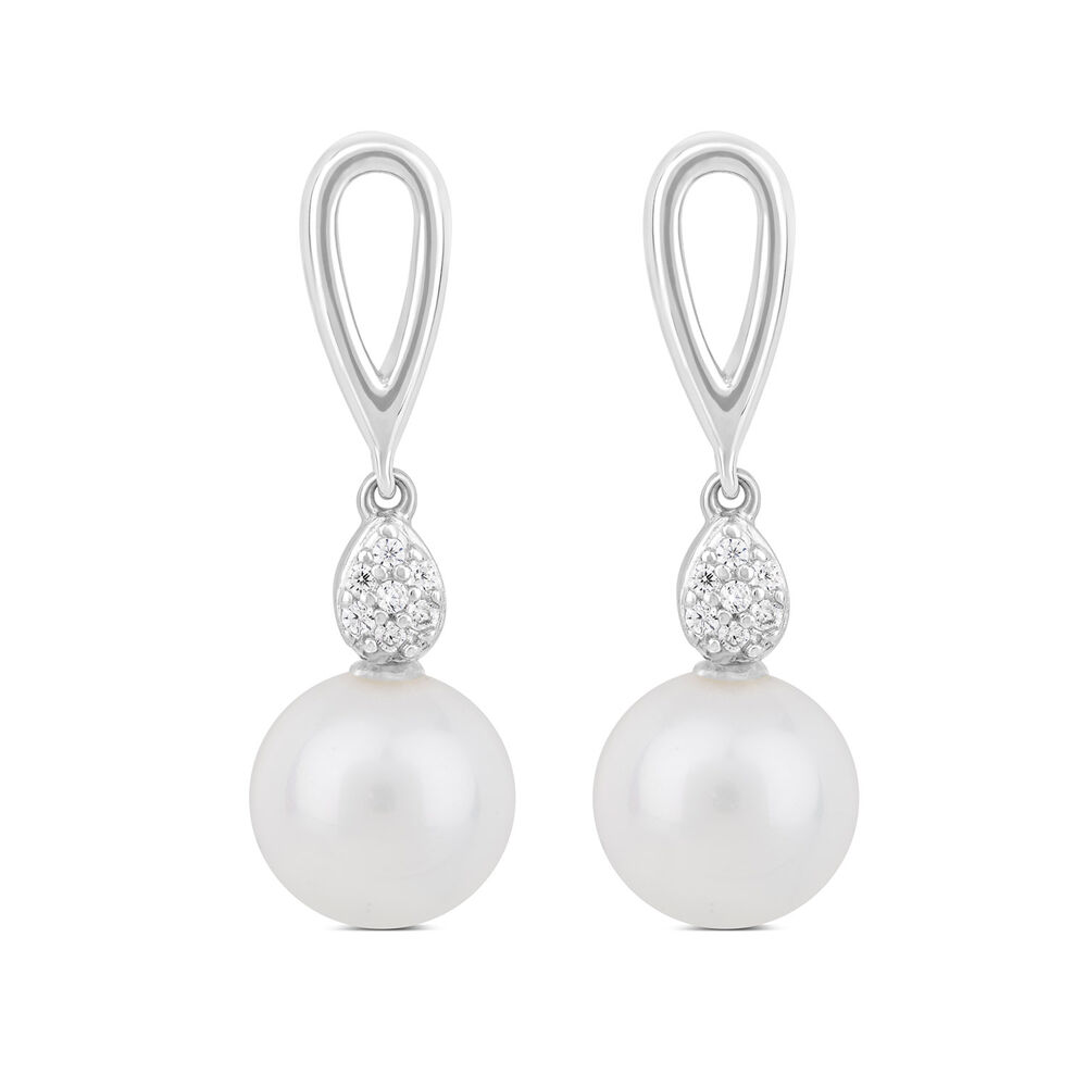 Sterling Silver Freshwater Cultured Pearl and Cubic Zirconia Drop Earrings