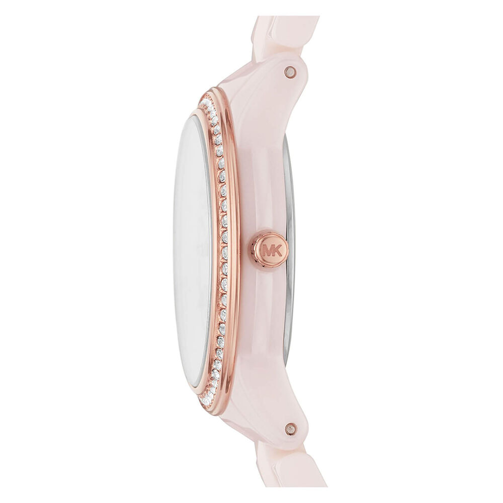 Michael Kors Runway Mercer 28mm White Dial Pink Ceramic Bracelet Watch image number 2