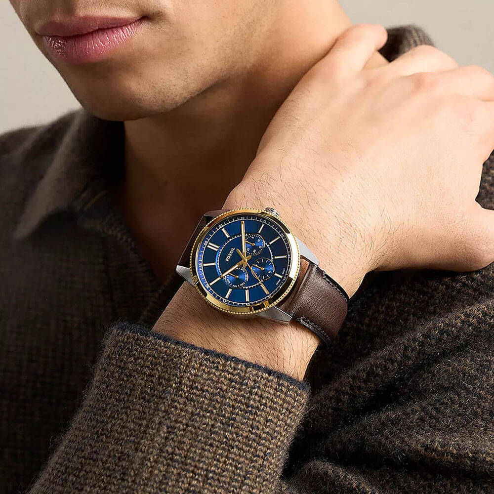 Fossil Pearson 42mm Blue Dial Brown Leather Strap Watch