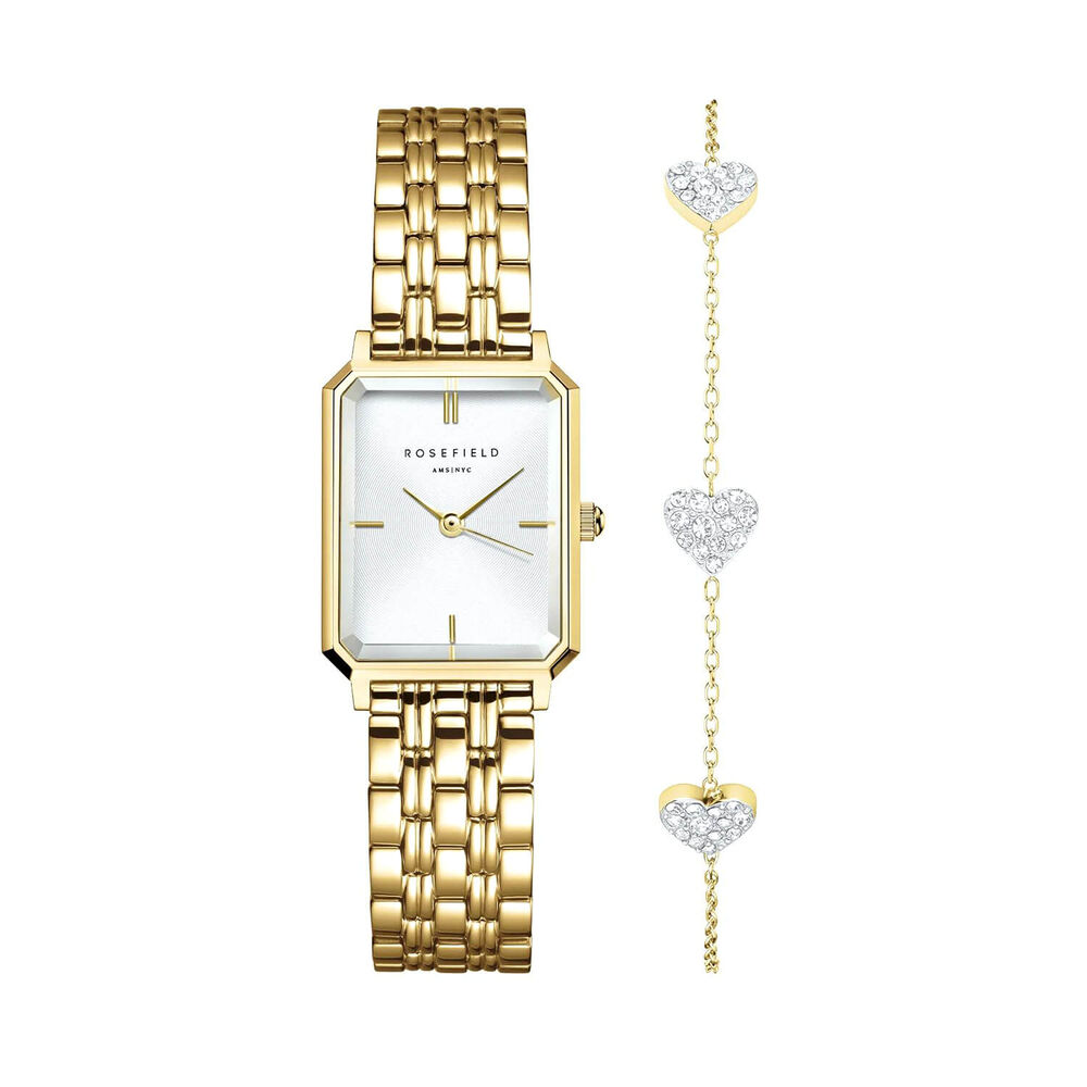 Rosefield Octagon XS 19.5x24mm White Dial Gold Tone Steel Bracelet Watch & 3 Hearts Bracelet