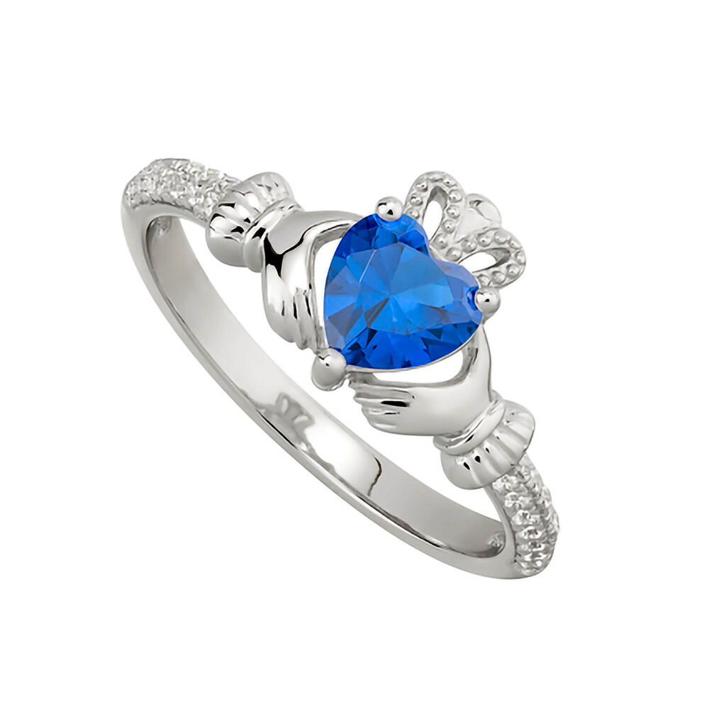 Steling Silver Claddagh Birthstone September Cubic Zirconia Shoulder Set Ring