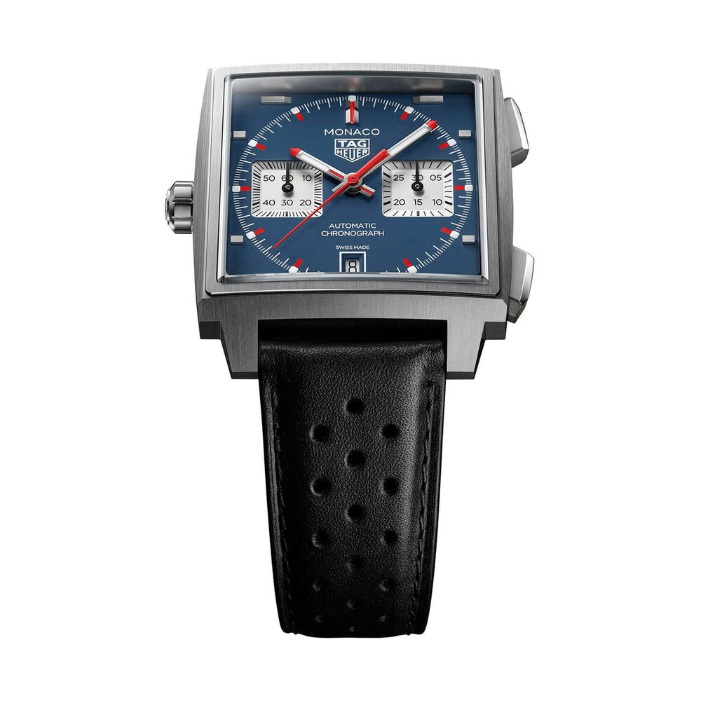 TAG Heuer Monaco Chronograph 39mm Blue Dial Black Leather Strap Watch