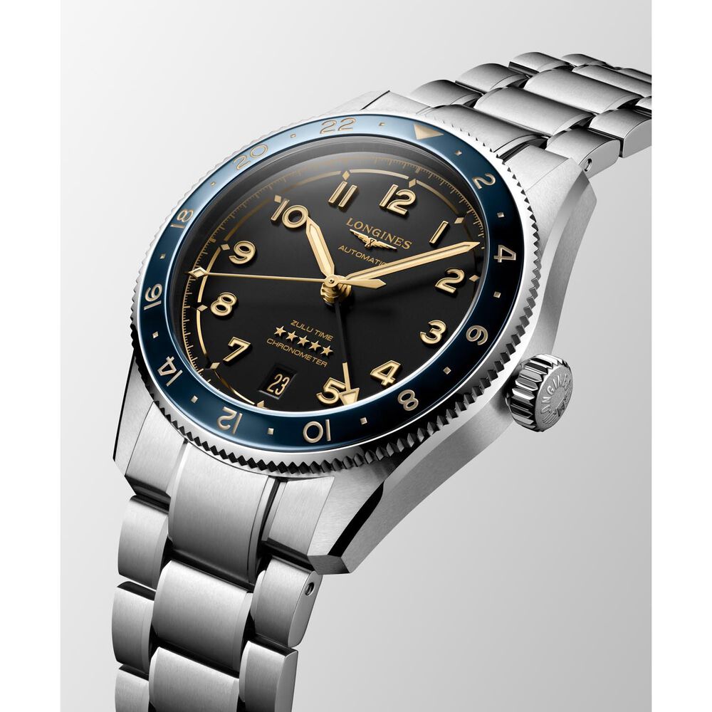 Longines Spirit Zulu Time 39mm Black Dial Blue Bezel Steel Bracelet Watch image number 2