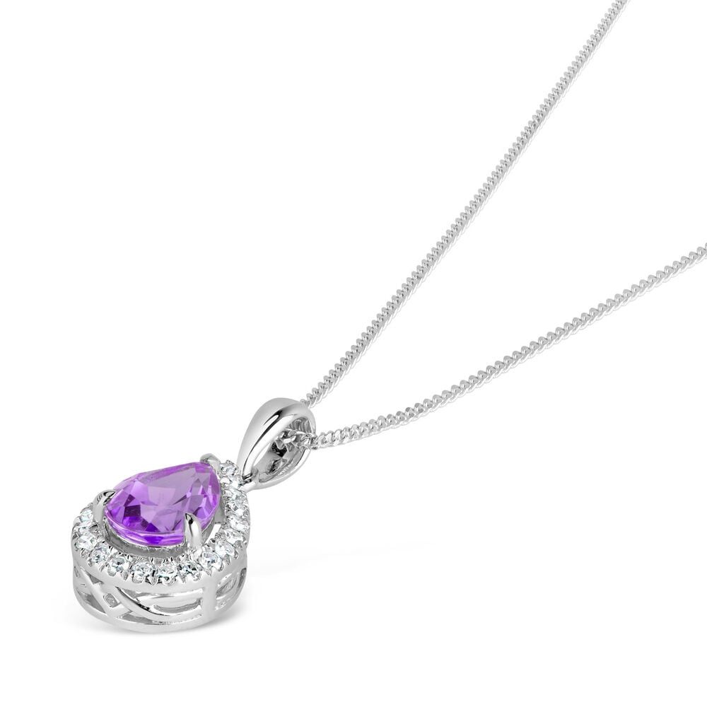 9ct White Gold 0.10ct Diamond and Amethyst Pear Drop Pendant image number 1