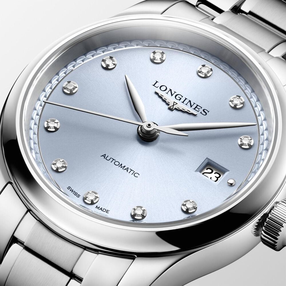 Longines Master Collection 30mm Frosted Blue Sunray Dial Diamond Dots Steel Bracelet Watch