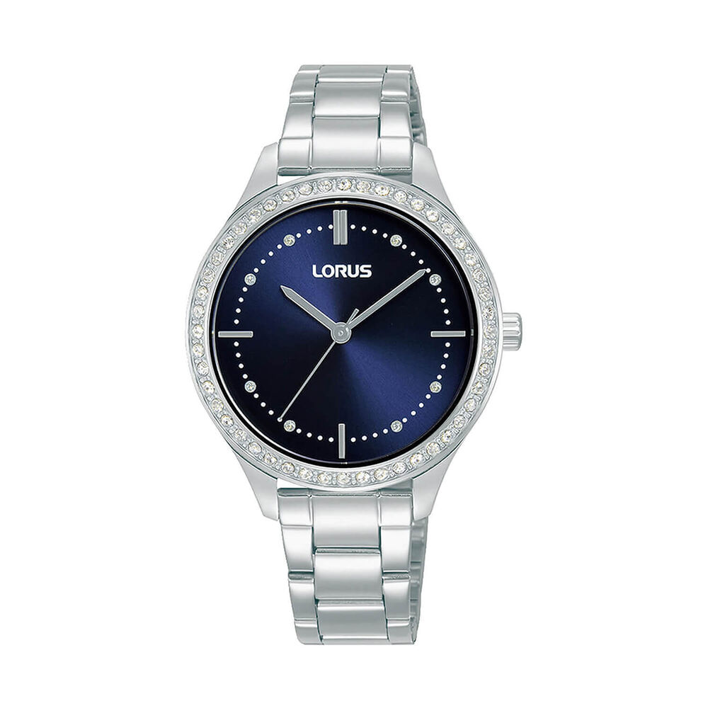 Lorus Quartz Ladies 33mm Blue Dial Cubic Zirconia Set Bezel Steel Bracelet Watch image number 0