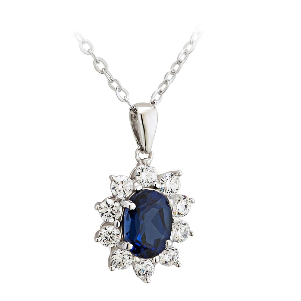 9ct White Gold Created Sapphire and Cubic Zirconia Pendant (Chain Included)