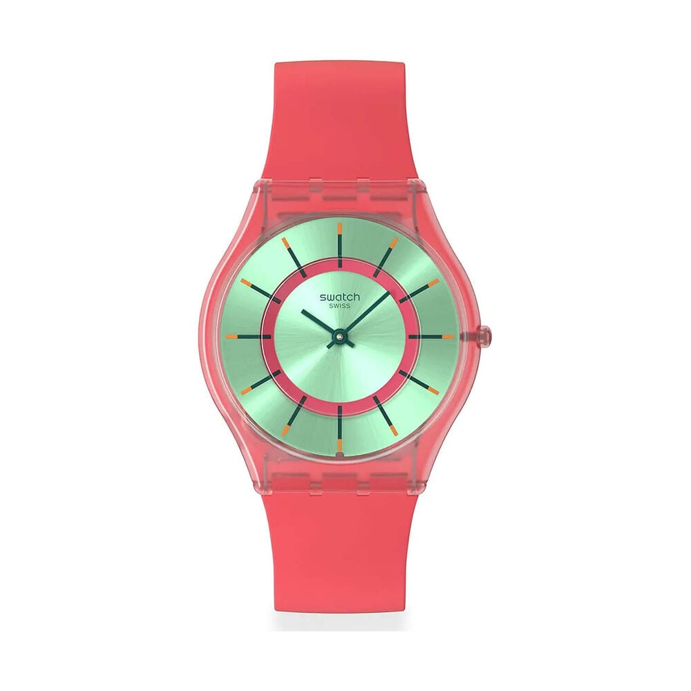 Swatch Skin Minty Mango Dream 34mm Green Dial Red Gradient Silicon Strap Watch image number 0