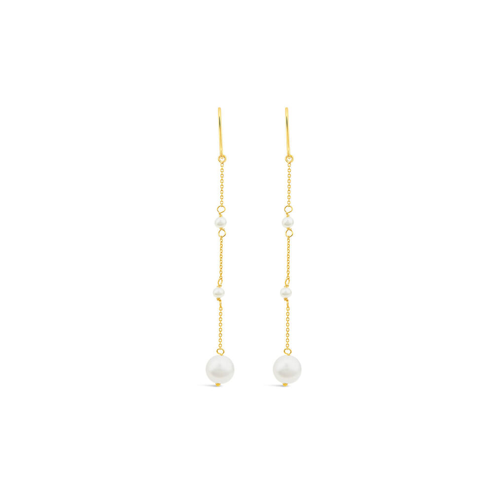 9ct Yellow Gold Pearl Station Chain Drop Earrings