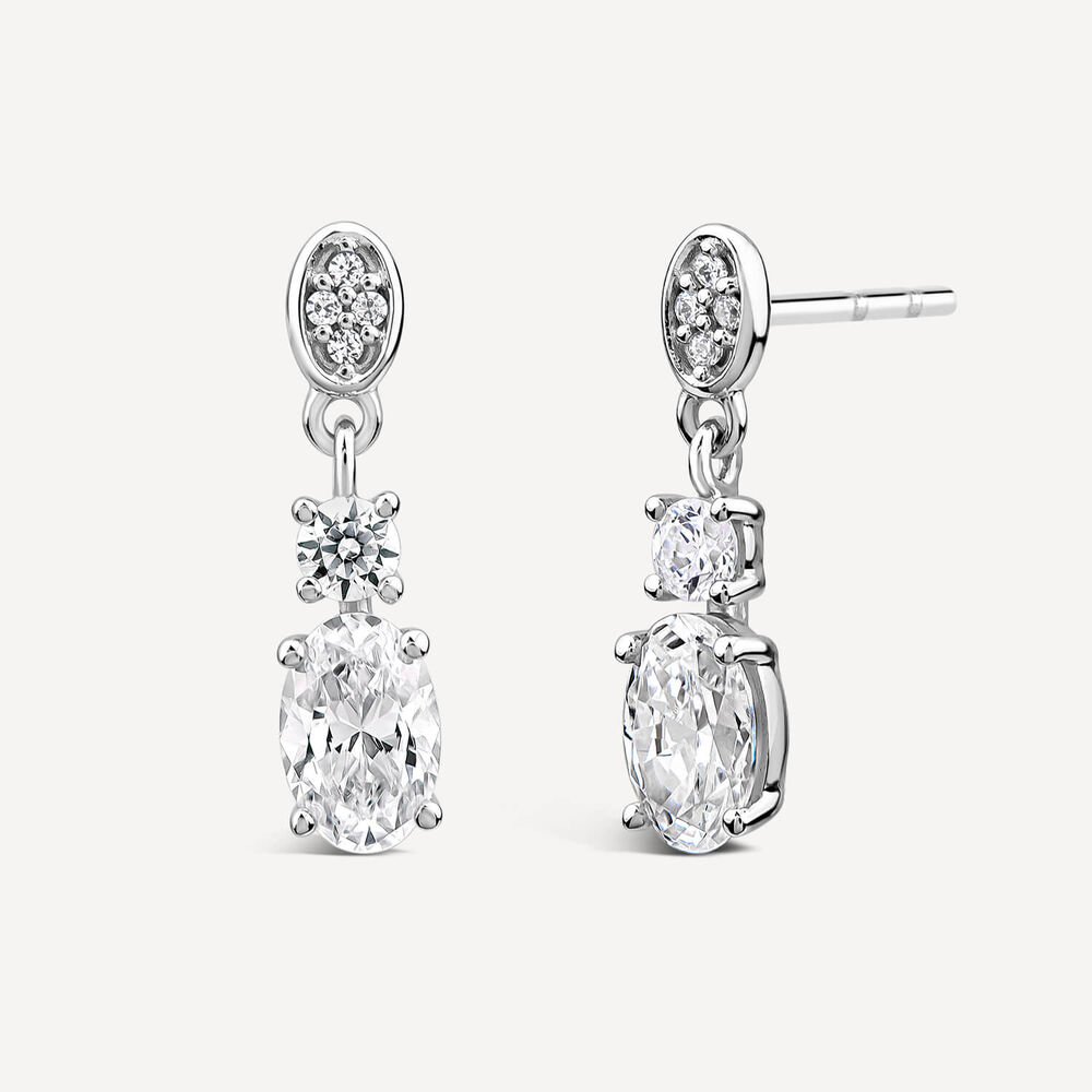 9ct White Gold Three Stone Cubic Zirconia Drop Earrings