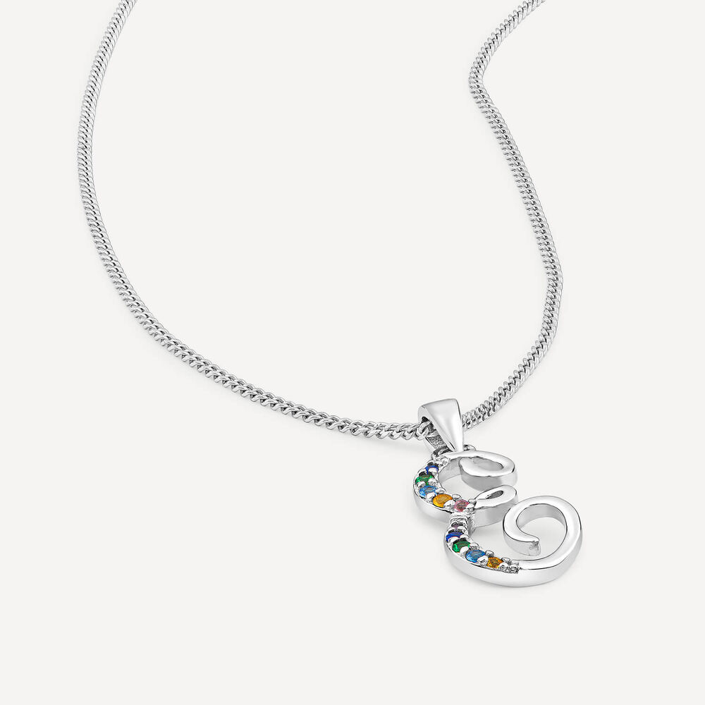 Sterling Silver Coloured Stone Set Initial "E" Pendant - Chain Included image number 3