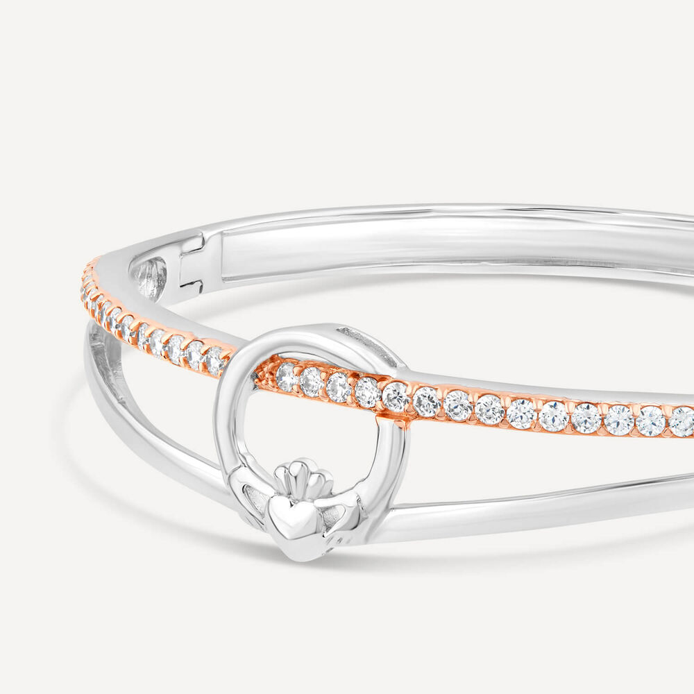 Sterling Silver & Rose Gold Plated Claddagh Cubic Zirconia Bangle image number 2