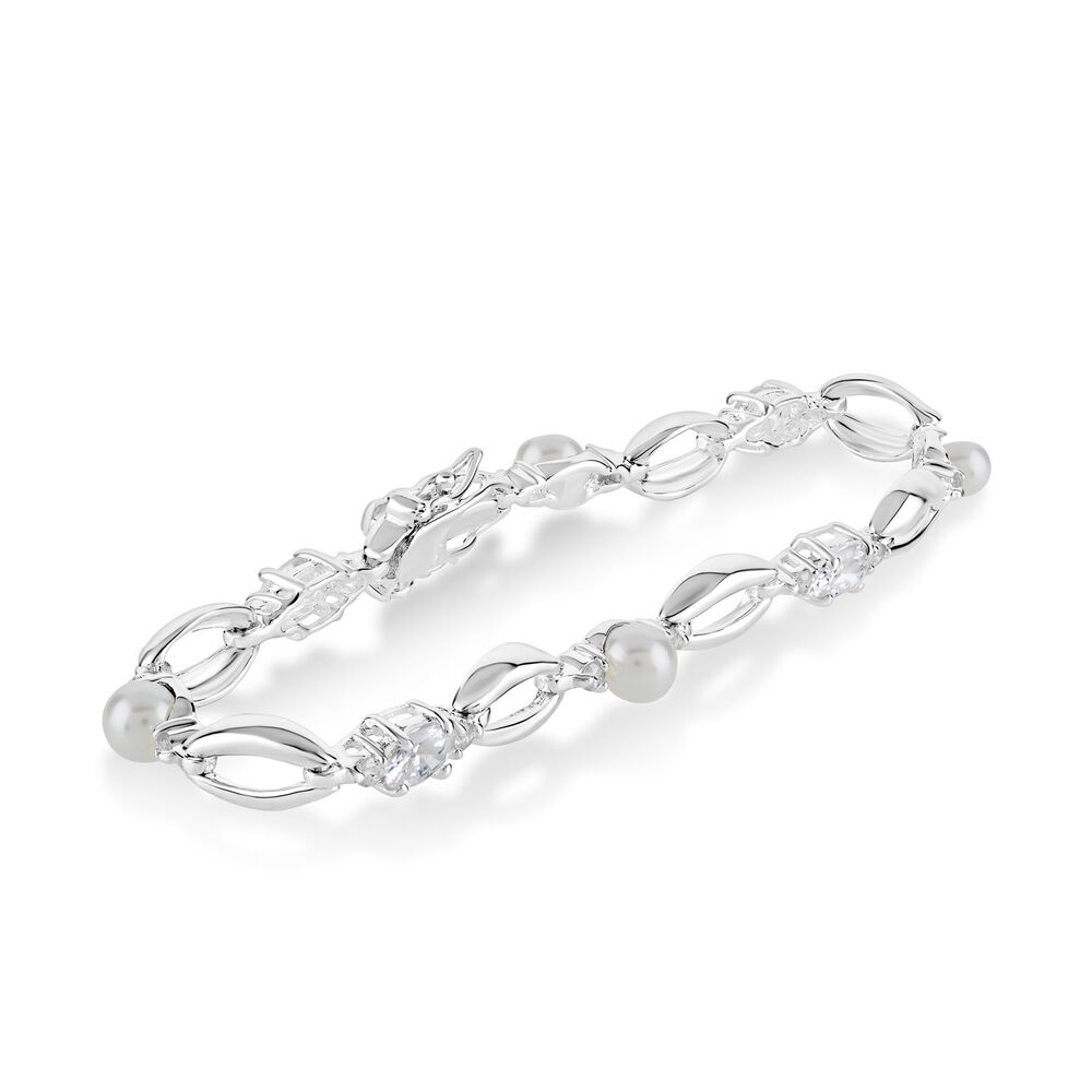 Sterling Silver Pearl and Cubic Zirconia Bracelet image number 2