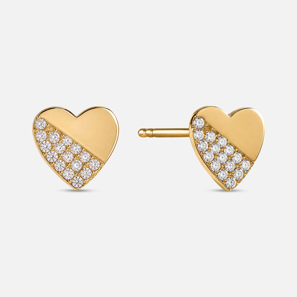 9ct Yellow Gold Pave Cubic Zirconia & Polished Heart Stud Earrings