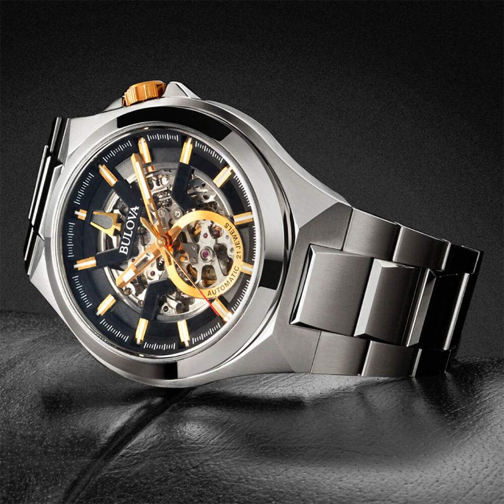 Bulova Maquina Skeleton 46mm Black Dial Steel Bracelet Watch image number 4