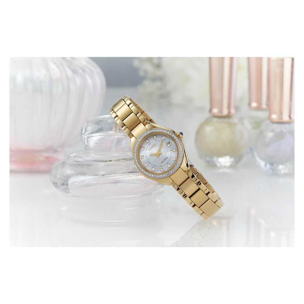 Citizen Eco Drive Gold Plated Bracelet MOP Dial Silhouette Set Dial & Bezel Date Feature Watch image number 2